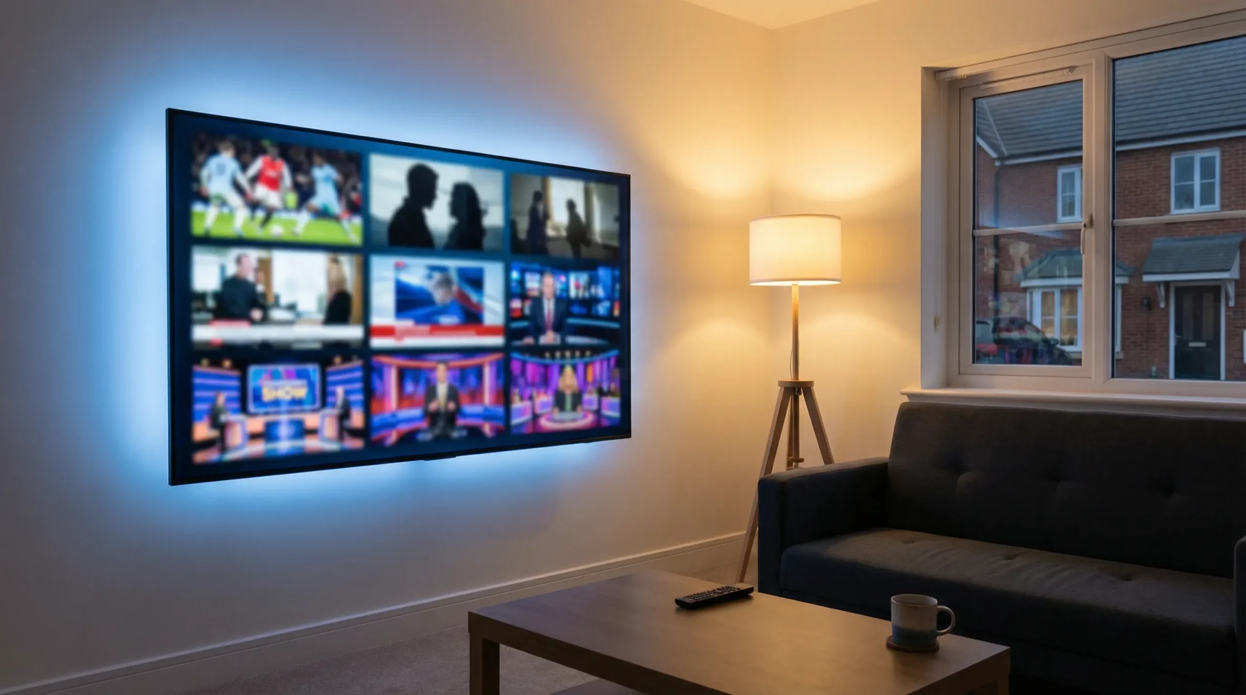 IPTV channels UK displayed on a modern television with multiple channel categories including sports, movies, and news