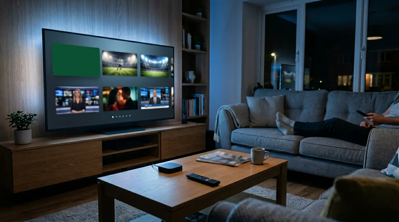 IPTV free trial UK channels displayed on a modern television in a British living room