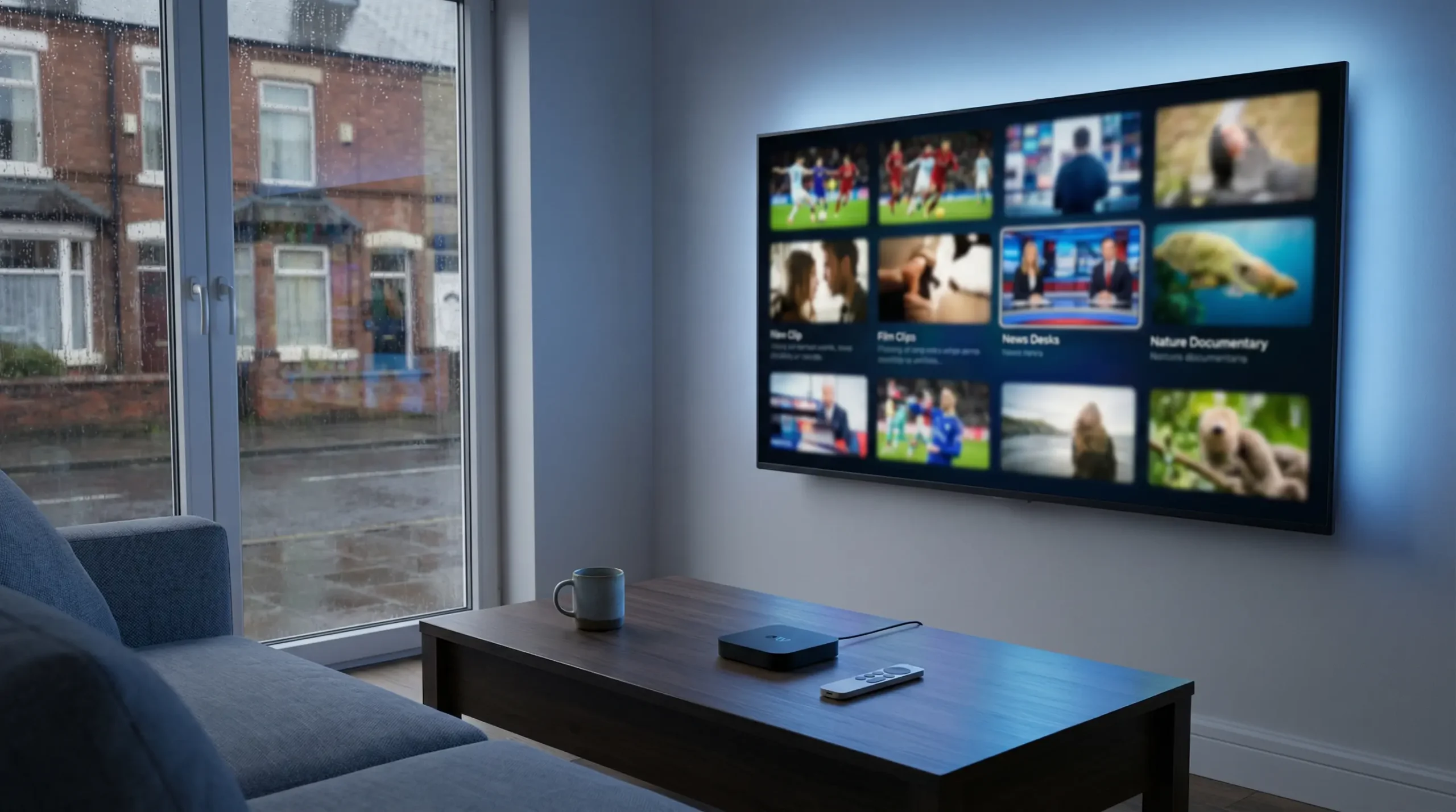 IPTV subscription UK channels displayed on a modern television in a British living room
