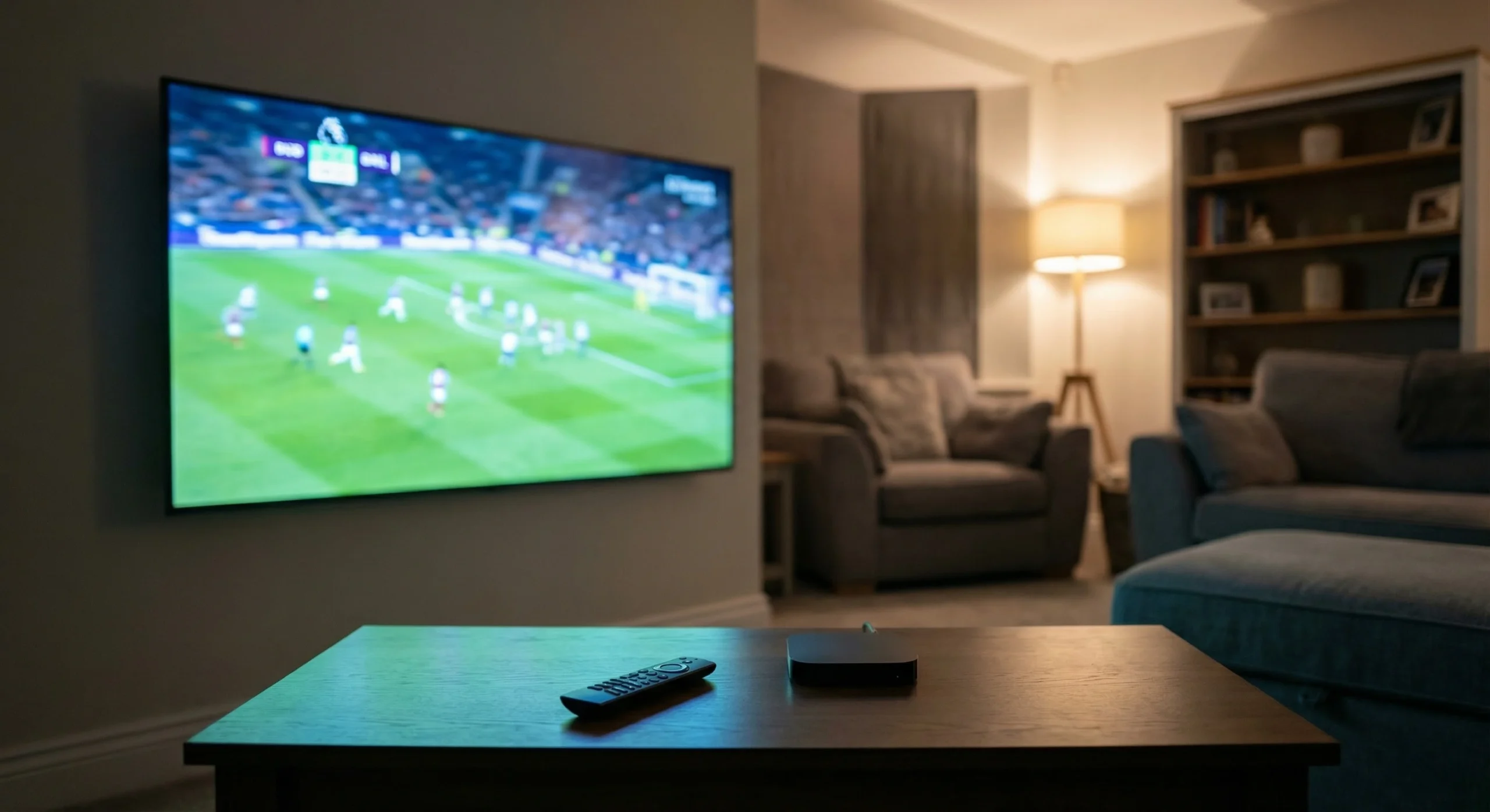 Sports IPTV channels UK displayed on a television showing a live football match in a modern British living room