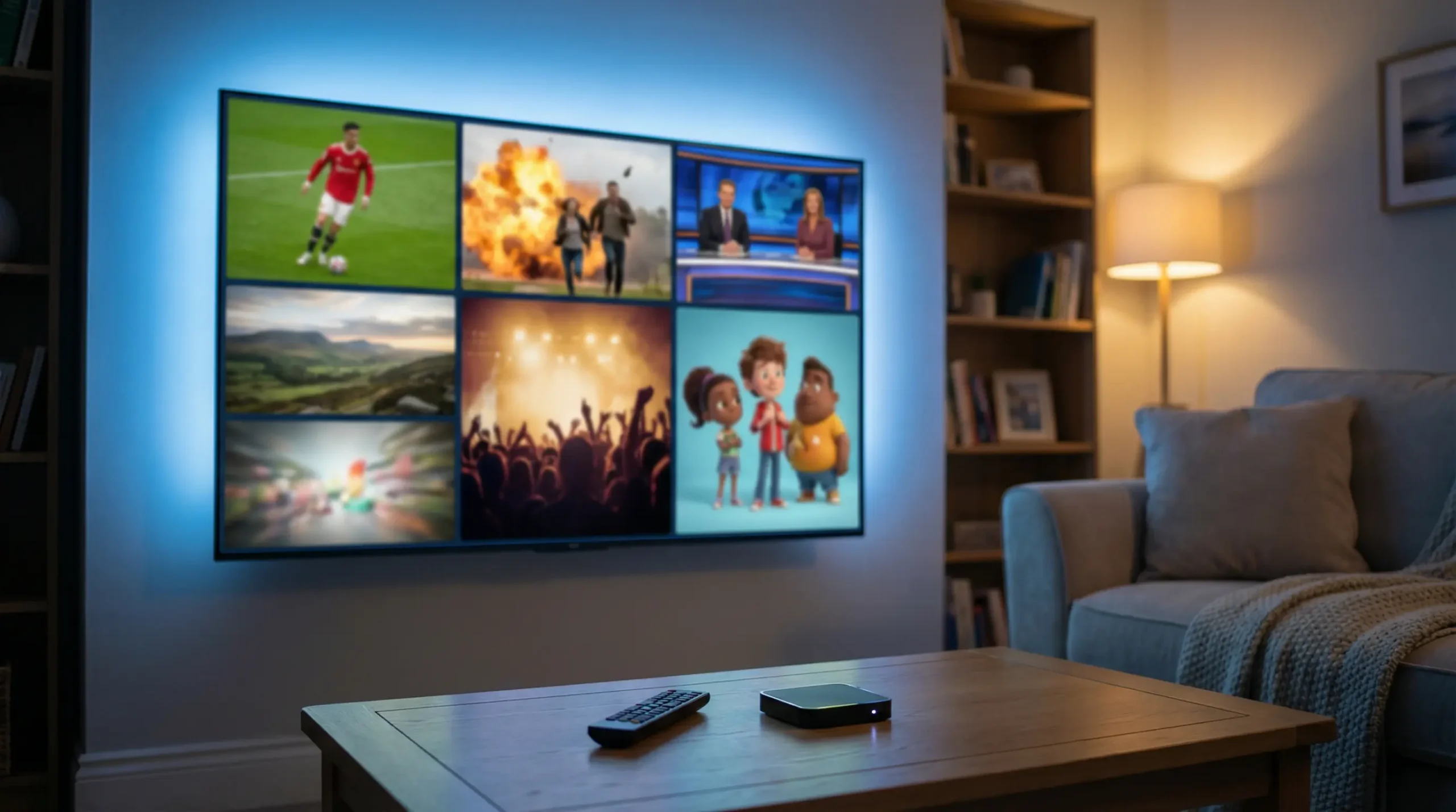 IPTV UK channels list displayed on a modern television in a British living room