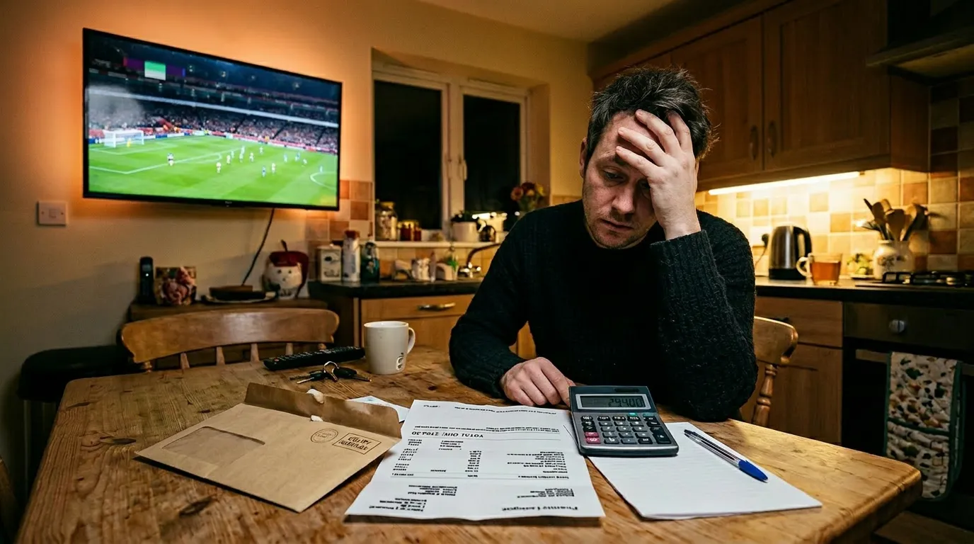 IPTV vs Virgin Media UK – household bill on kitchen table next to smart TV showing live football, comparing costs in 2026