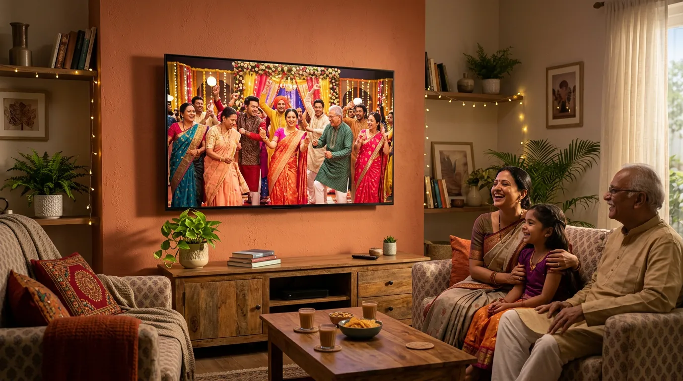 International IPTV channels UK 2026 – multicultural family watching foreign language TV on smart TV in UK living room