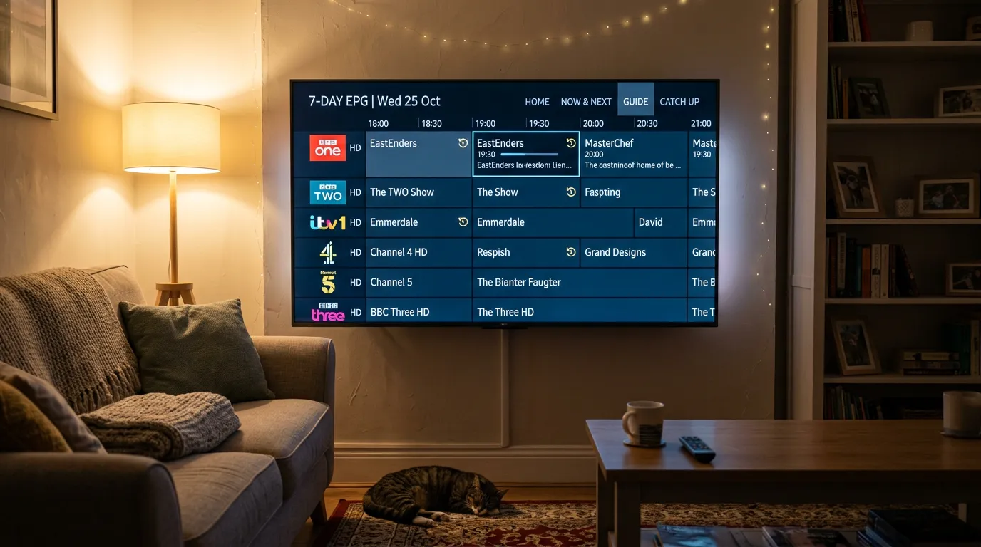 IPTV catch up UK showing 7-day EPG rewind on smart TV screen